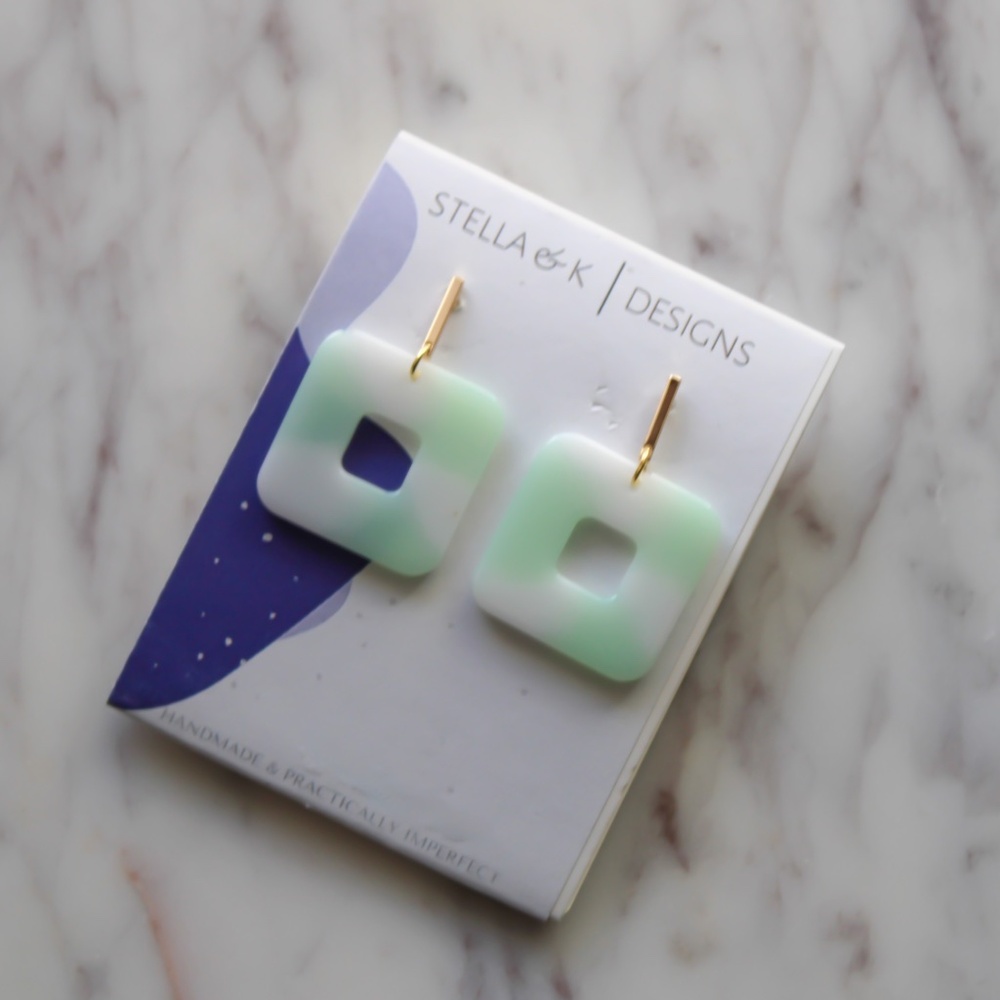 Handmade Earrings - Square Resin Earrings - Mint Green and White - NEW